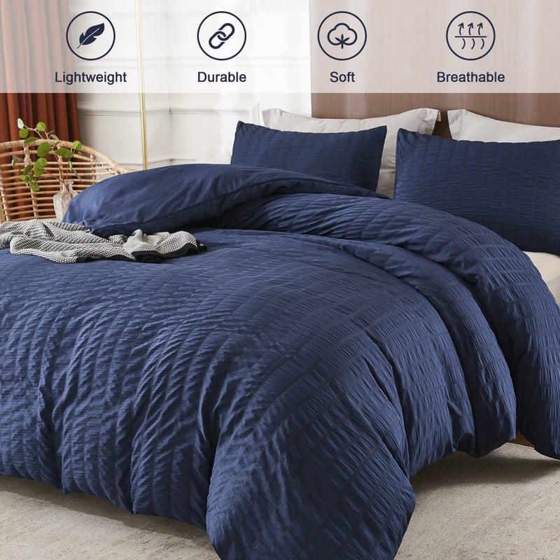 AveLom Seersucker Duvet Cover Set Queen Size (90 x 90 inches), 3 Pieces (1 Duvet Cover + 2 Pillow Cases), Navy Blue Ultra Soft Washed Microfiber, Textured Duvet Cover with Zipper Closure, Corner Ties - Image 2